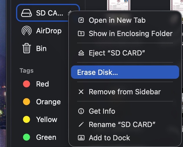 format an sd card via finder on mac