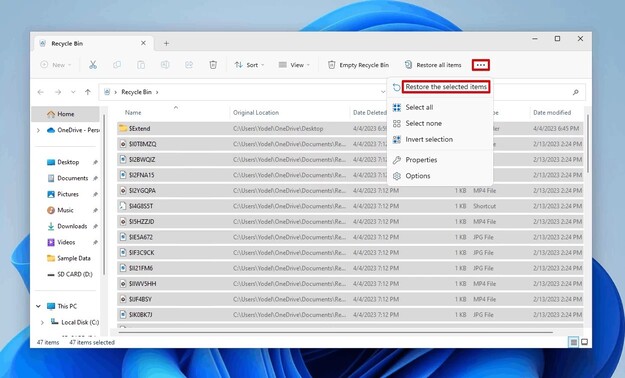 restore the selected items