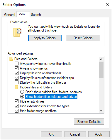 show hidden files folders and drives windows 10