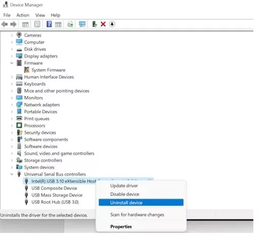 select uninstall device option