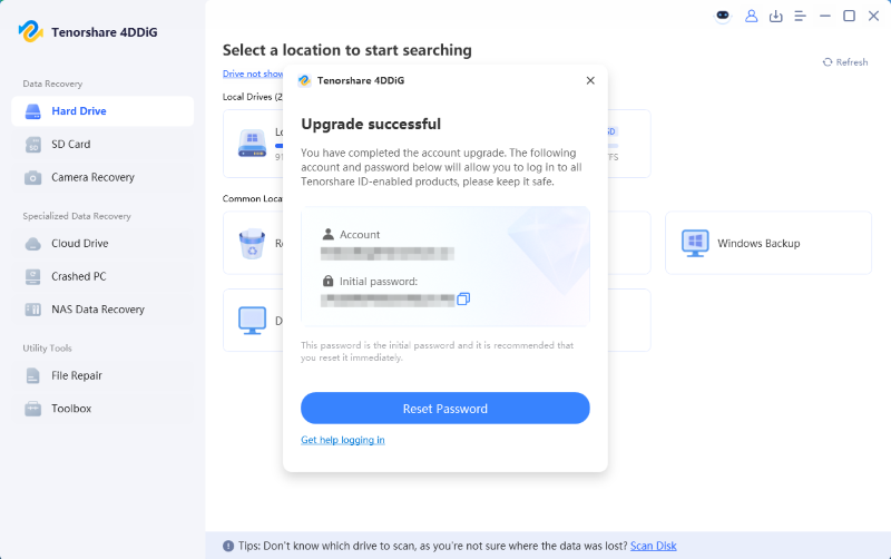 4DDiG-Popup: Upgrade erfolgreich abgeschlossen
