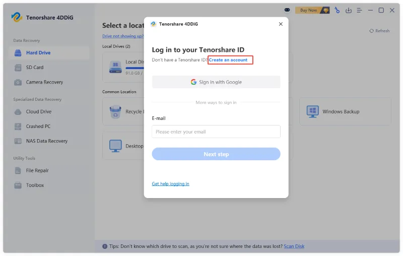 click to create an account