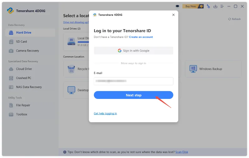enter email to enter the next step