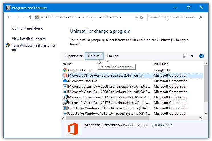 uninstall microsoft word