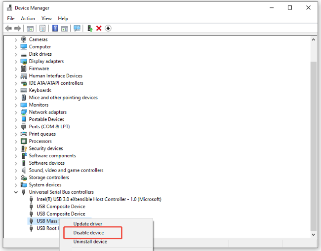 disable the usb device in device manager
