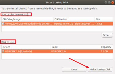iso and usb selection on startup disk creator