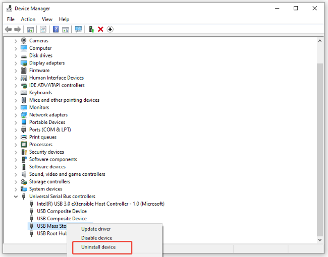 uninstall the usb device in device manager