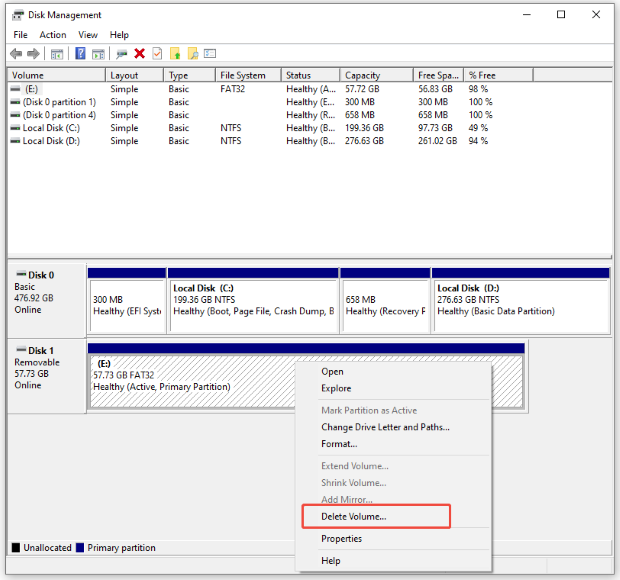 delete volume in disk management