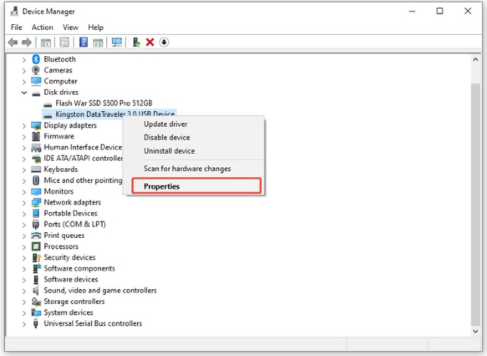 click properties of the usb drive