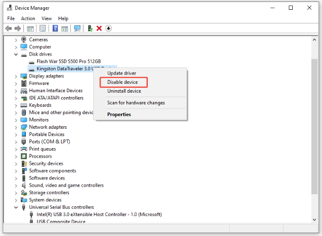 disable device under device manager