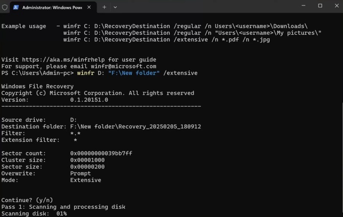 enter the recovery command on windows file recovery