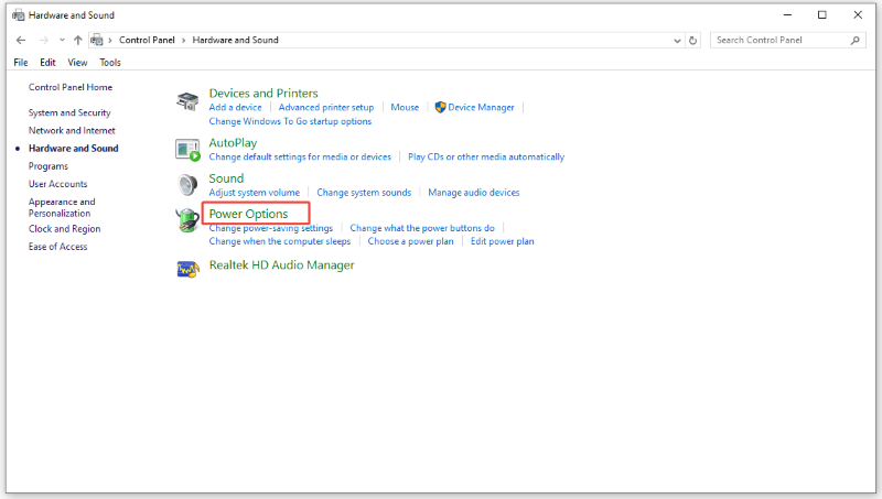 power options in control panel