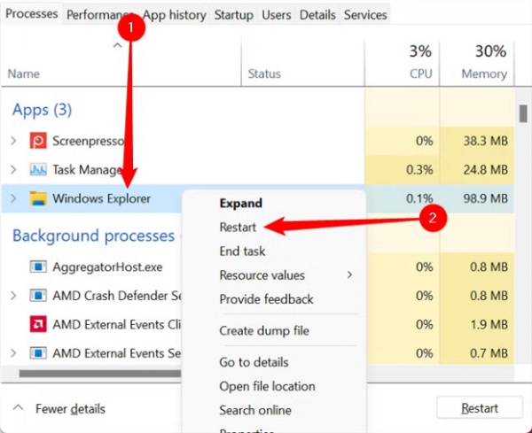 restart windows explorer in task manager