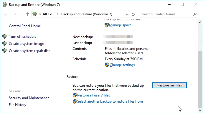 restore my files from windows backup and restore