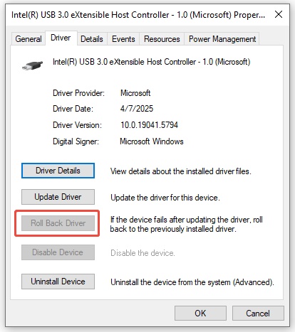 roll back usb driver