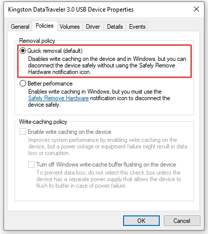 select quick removal under removal policy
