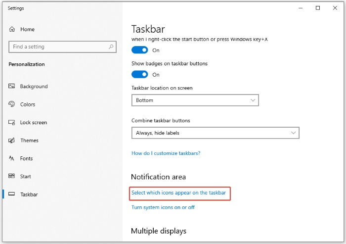 select which icons appear on the taskbar