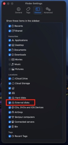 show external disks on finder sidebar