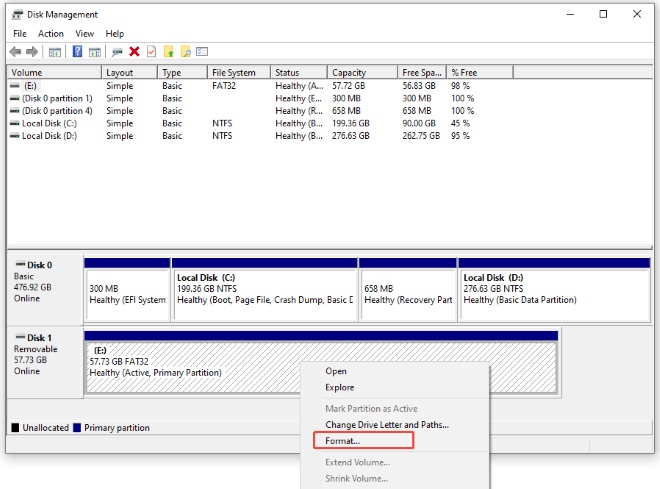 use disk management to format a usb