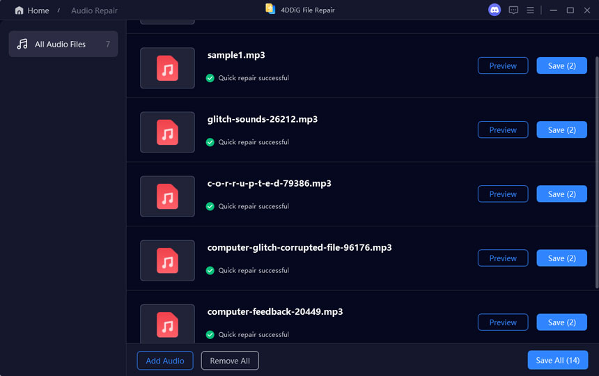 preview and save repaired wav file using 4ddig file repair