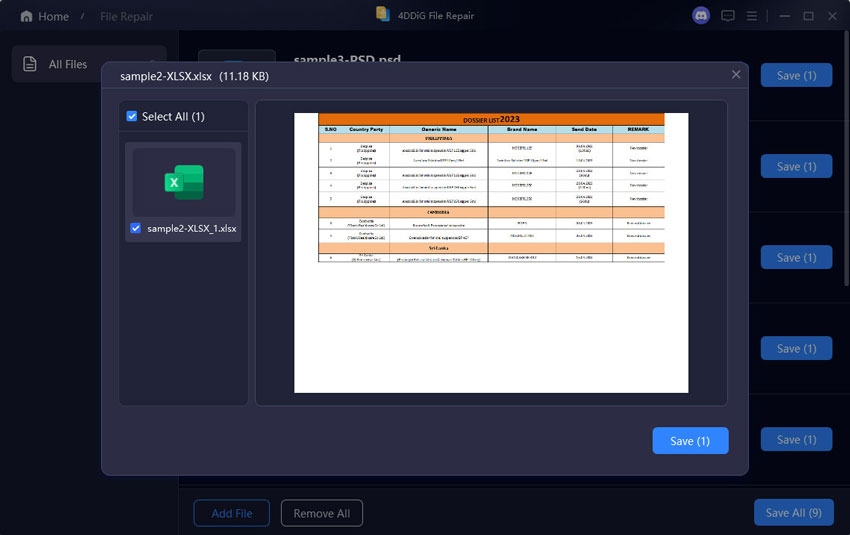 preview and save repaired excel files
