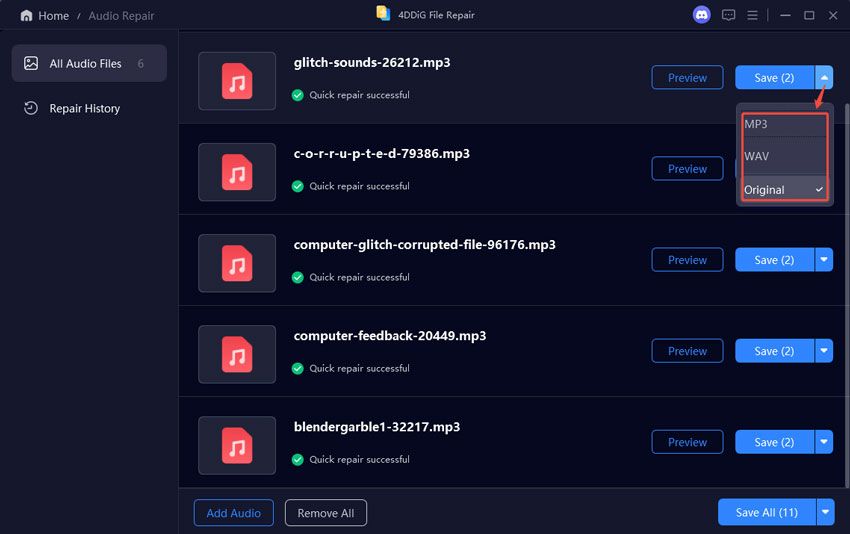select output format for repaired audio files