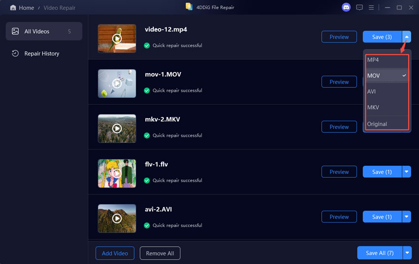 select output format for repaired videos