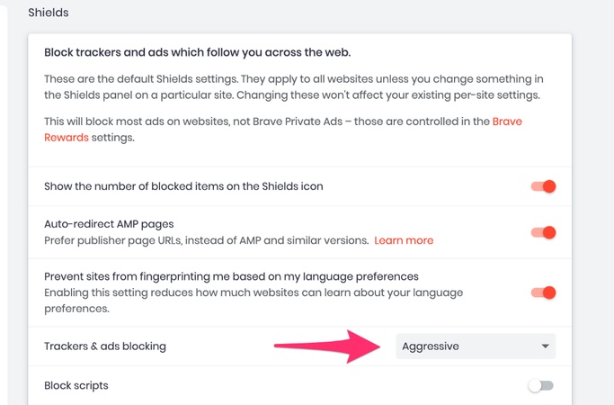 change brave shields settings to fix adblock not working