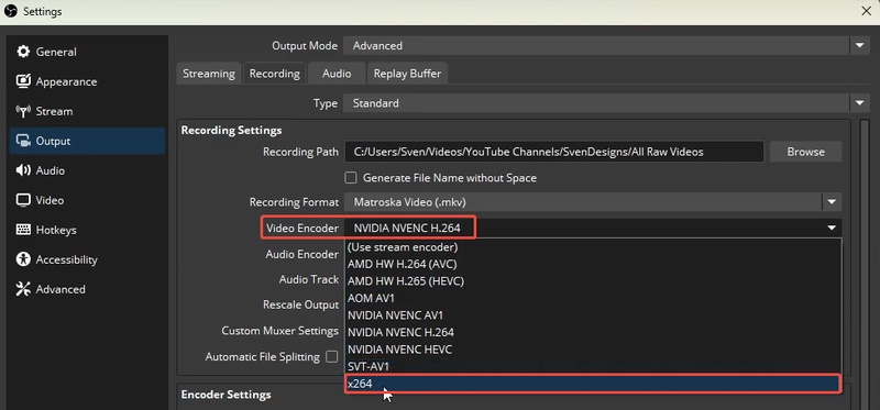 OBS-Video-Encoder wechseln