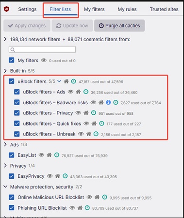 check ublock filters