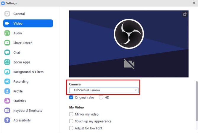 choose obs virtual camera as discord camera