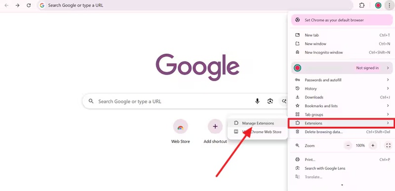 chrome select manage extensions