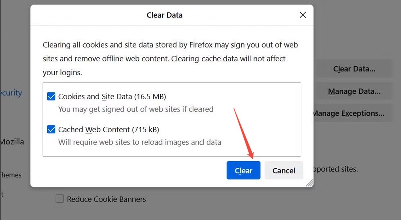 clear cookies and site data to fix firefox not playing youtube videos