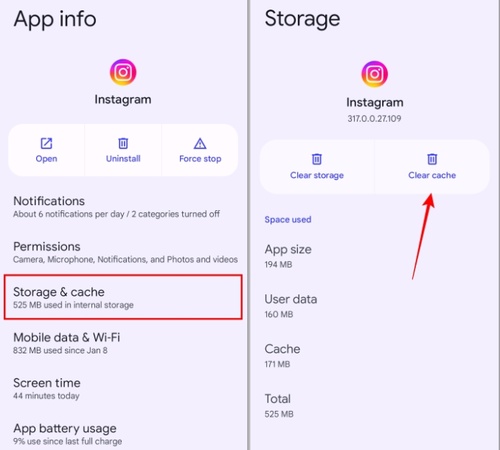 clear instagram cache to fix ins black screen android