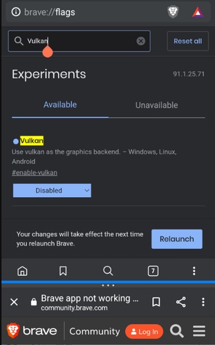 disable brave vulkan yo fix youtube white screen error