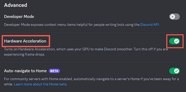 disable discord acceleration to stream on discord without black screen