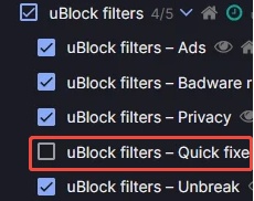 disable ublock filters quick fixes to fix adblock not working on youtube