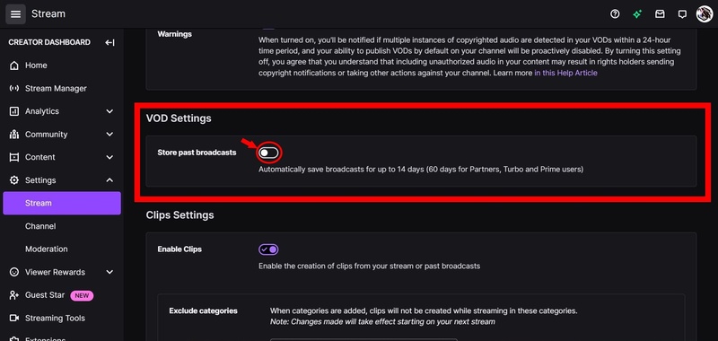 enable vod settings to fix twitch videos not exporting to yt