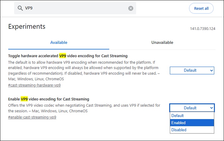 enable vp9 to fix green screen while playing videos