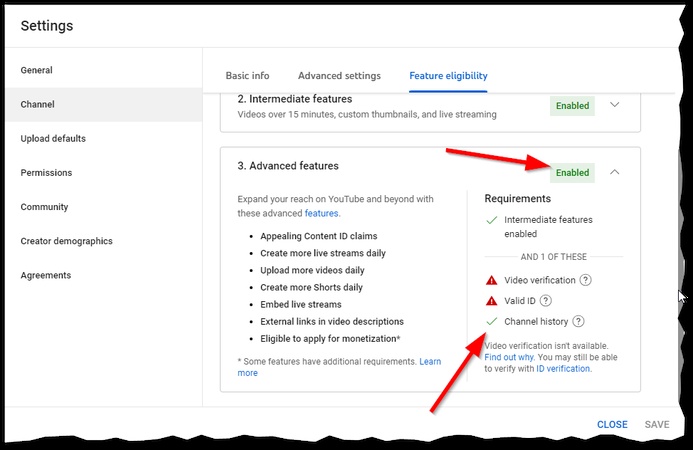 enable youtube advanced features