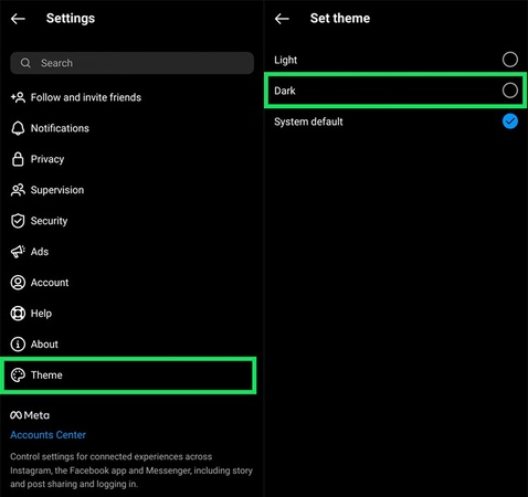 disable instagram dark theme to fix black screen