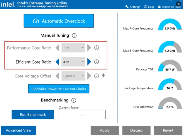 인텔 익스트림 튜닝 유틸리티에서 코어 비율을 줄여 비디오 메모리 부족 해결