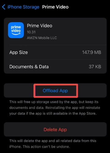 offload amazon prime video app