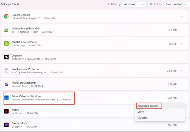 repair prime video for windows app to fix video black screen