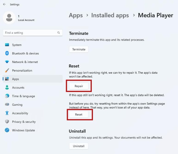 repair or reset windows media player