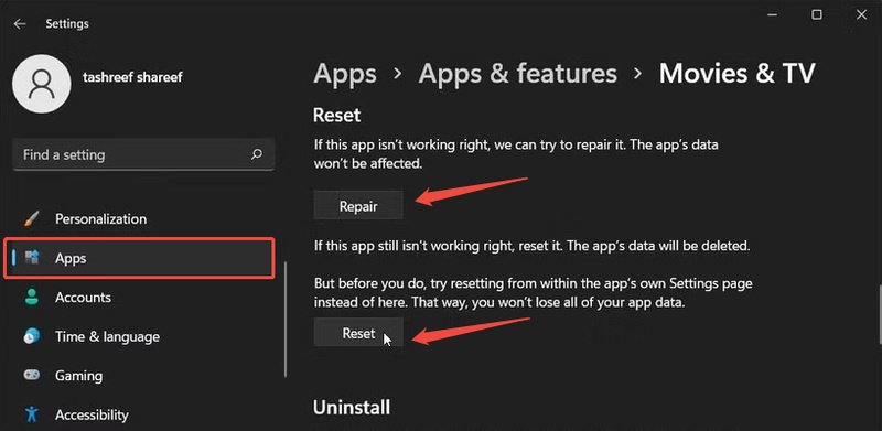 repair reset movies and tv app