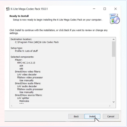 start to install klite codec pack