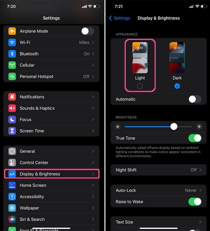 switch iphone display and brightness