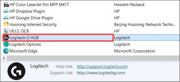 uninstall logitech g hub
