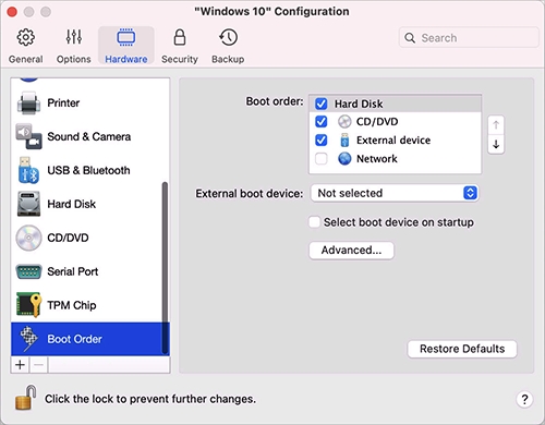 configure hardware boot order on vm